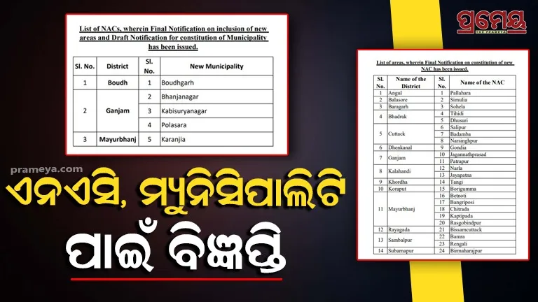 Odisha Govt Notifies 24 New NACs, 5 Municipalities