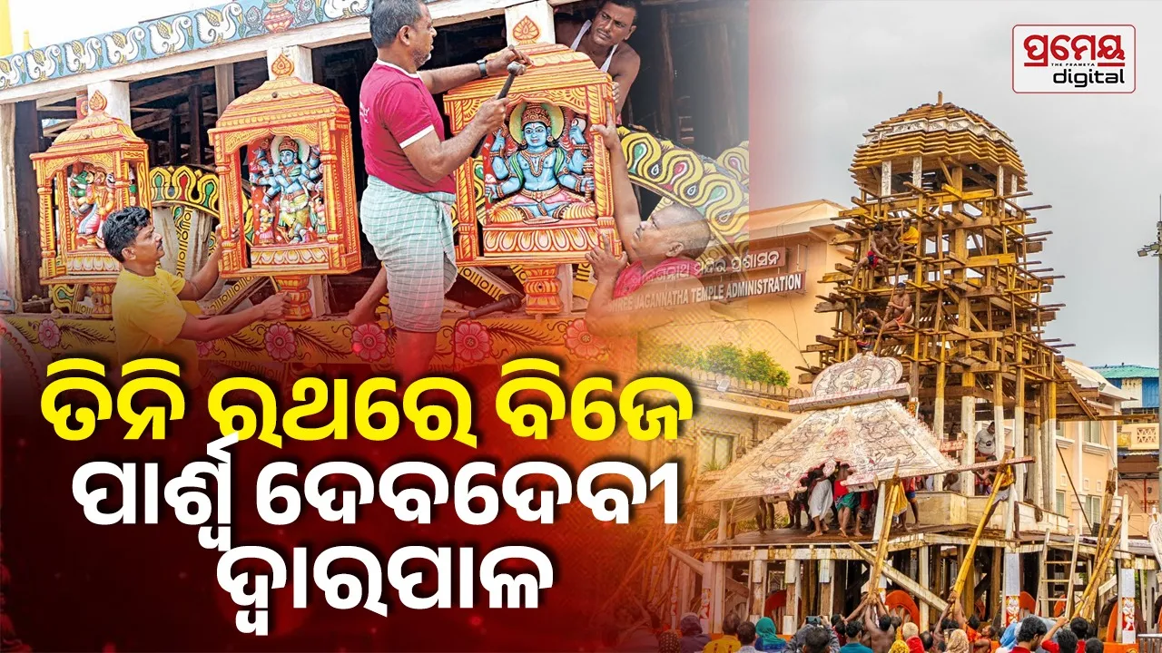 Rath Khala Update: ୩ ରଥରେ ୨୭ ପାର୍ଶ୍ୱଦେବଦେବୀ, ୬ ଦ୍ୱାରପାଳ ବିଜେ,  ଦୁଆର ଘଡ଼ା କନା କାର୍ଯ୍ୟ ଜାରି